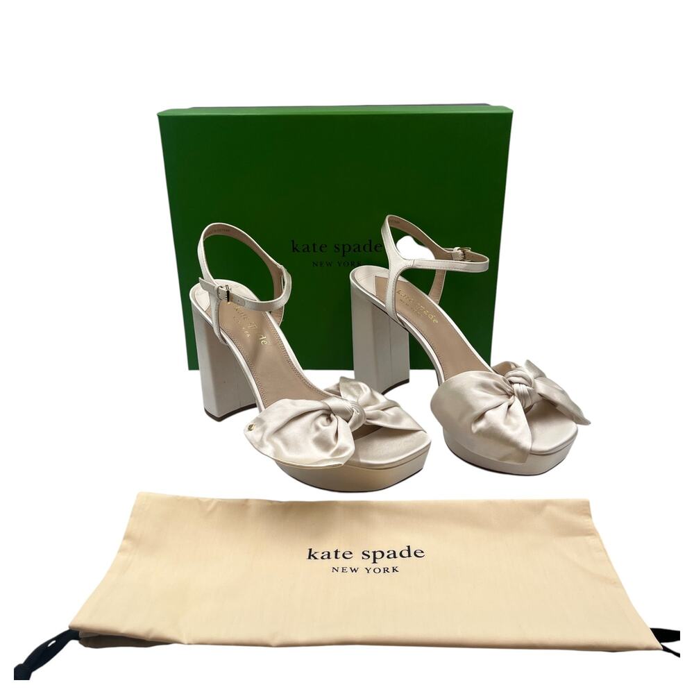 kate spade champagne satin platform heels with bow